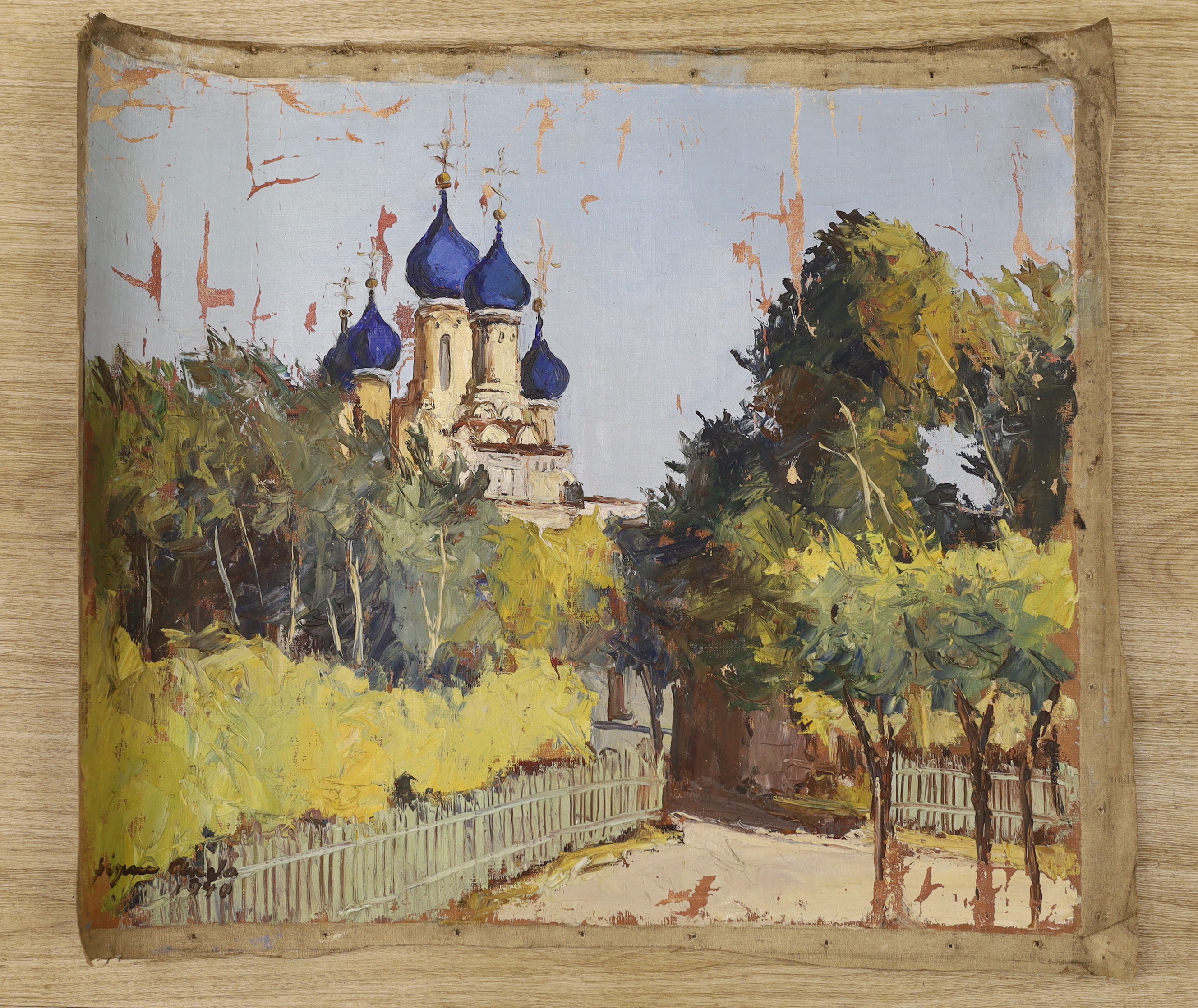 Impressionist oil on unstretched canvas, 'Shanghai, St Nicholas Church', indistinctly signed and dated 1940, 54 x 63cm